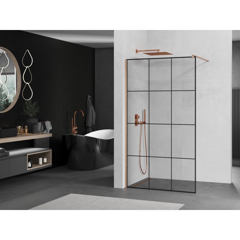 Mexen Kioto Duschwand Walk-in 120 x 200 cm, schwarzes Gitter 8 mm, gebürstetes Kupfer - 800-120-101-65-77