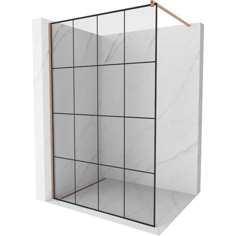 Mexen Kioto Duschwand Walk-in 130 x 200 cm, schwarzes Gitter 8 mm, gebürstetes Kupfer - 800-130-101-65-77