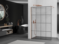 Mexen Kioto Walk-in-Duschwand 140 x 200 cm, schwarzes Gitter 8 mm, gebürstetes Kupfer - 800-140-101-65-77