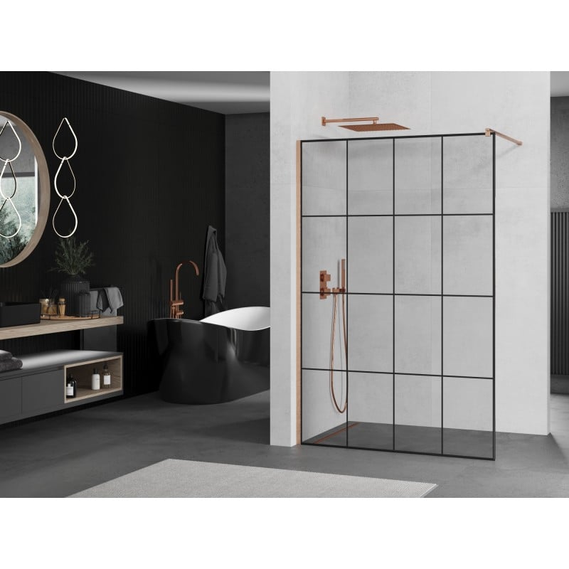 Mexen Kioto Duschwand Walk-in 150 x 200 cm, schwarzes Gitter 8 mm, gebürstetes Kupfer - 800-150-101-65-77