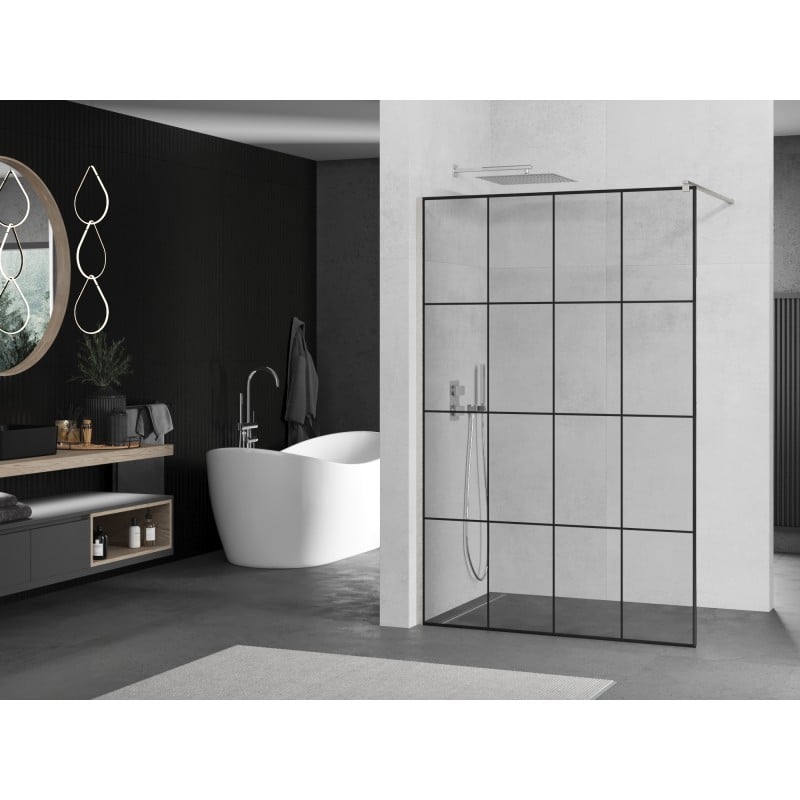 Mexen Kioto Duschwand Walk-in 150 x 200 cm, schwarzes Gitter 8 mm, gebürsteter Nickel - 800-150-101-97-77