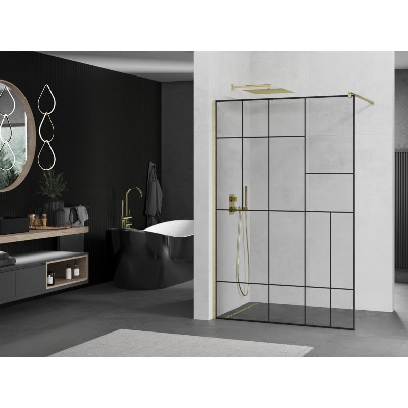 Mexen Kioto Duschwand Walk-in 140 x 200 cm, schwarzes Muster 8 mm, gebürstetes Gold - 800-140-101-55-78