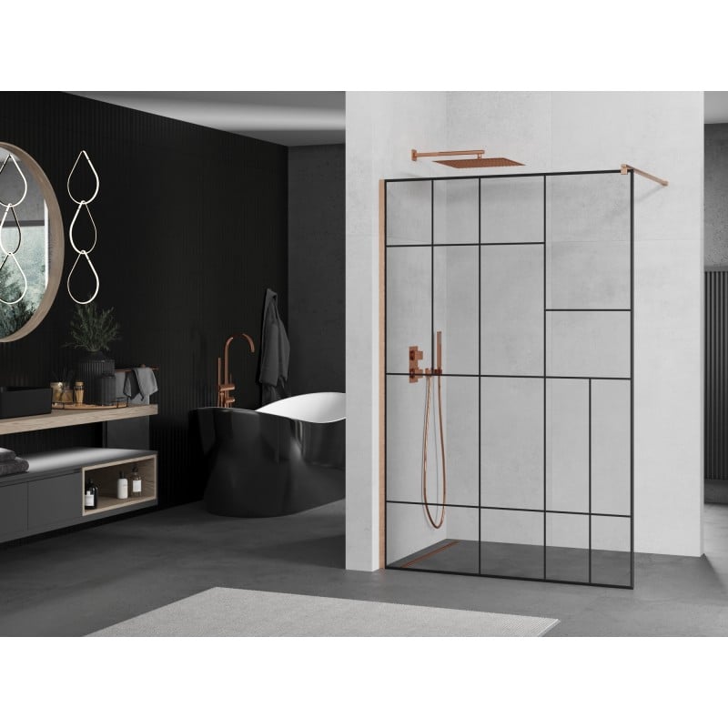 Mexen Kioto Duschwand Walk-in 80 x 200 cm, schwarzes Muster 8 mm, gebürstetes Kupfer - 800-080-101-65-78