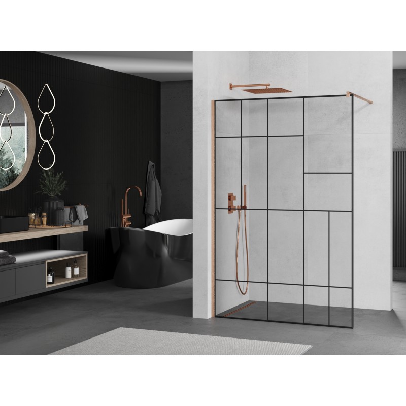 Mexen Kioto Duschwand Walk-in 110 x 200 cm, schwarzes Muster 8 mm, gebürstetes Kupfer - 800-110-101-65-78