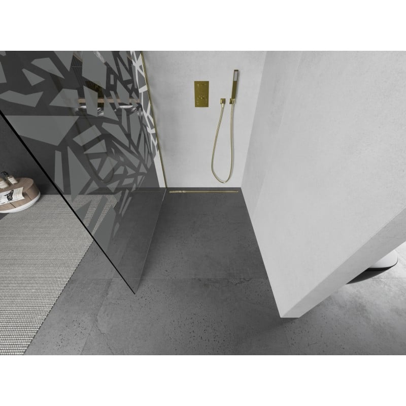 Mexen Kioto Duschwand Walk-in 100 x 200 cm, weißes Muster 8 mm, gold gebürstet - 800-100-101-55-85