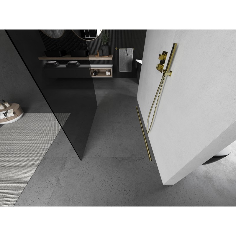 Mexen Kioto freistehende Duschwand 100 x 200 cm, Graphit 8 mm, gebürstetes Gold - 800-100-002-55-40