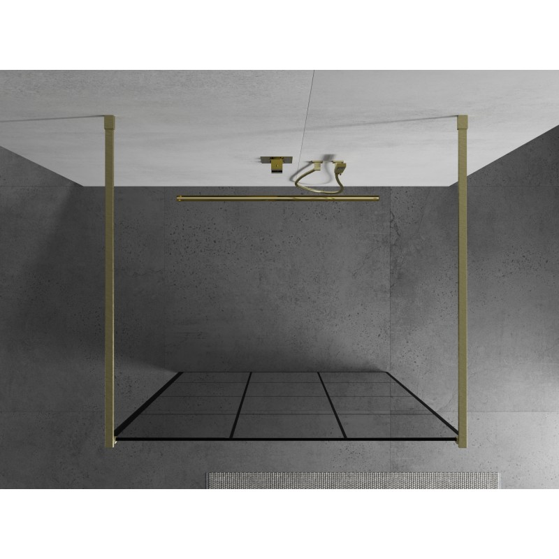 Mexen Kioto Freistehende Duschwand 100 x 200 cm, schwarzes Gitter 8 mm, gebürstetes Gold - 800-100-002-55-77