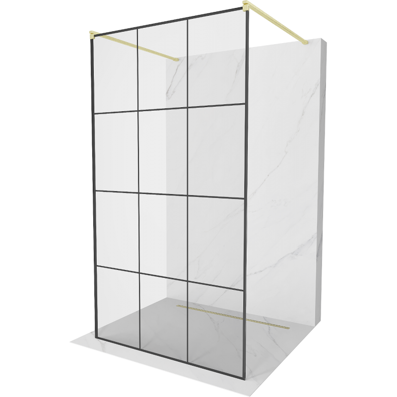 Mexen Kioto Freistehende Duschwand 100 x 200 cm, schwarzes Gitter 8 mm, gebürstetes Gold - 800-100-002-55-77