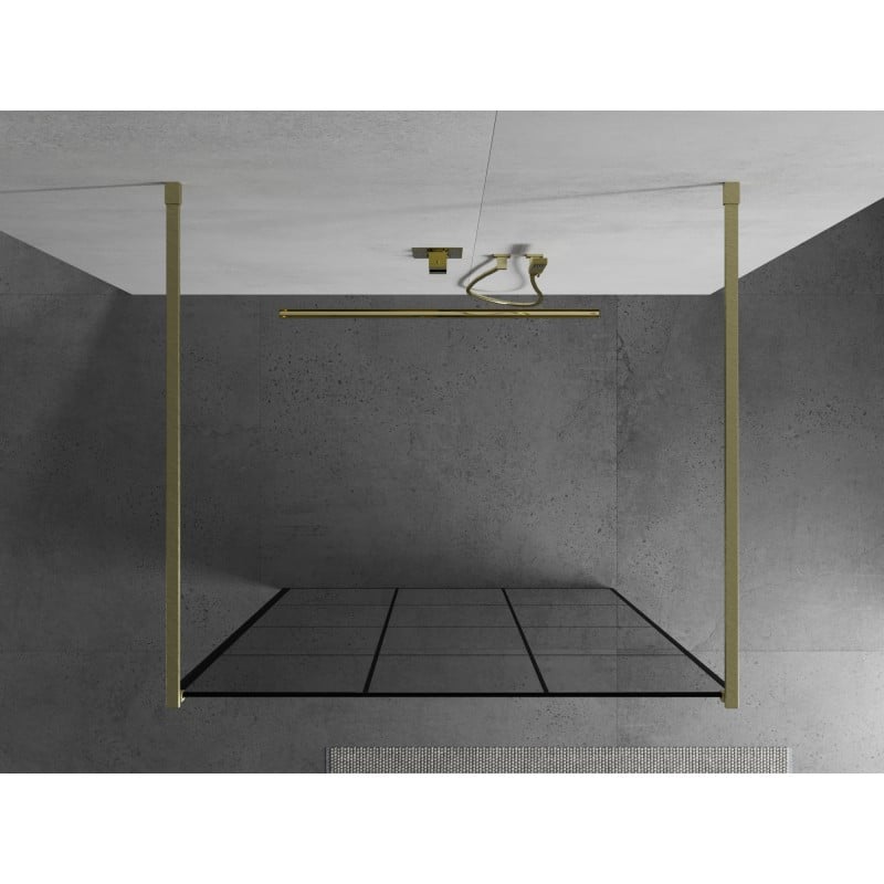 Mexen Kioto Freistehende Duschwand 110 x 200 cm, schwarzes Gitter 8 mm, gebürstet Gold - 800-110-002-55-77