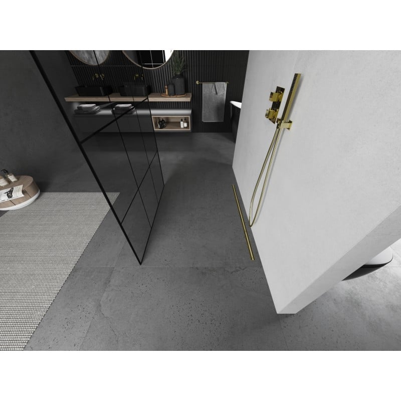 Mexen Kioto Freistehende Duschwand 120 x 200 cm, schwarzes Gitter 8 mm, gebürstetes Gold - 800-120-002-55-77