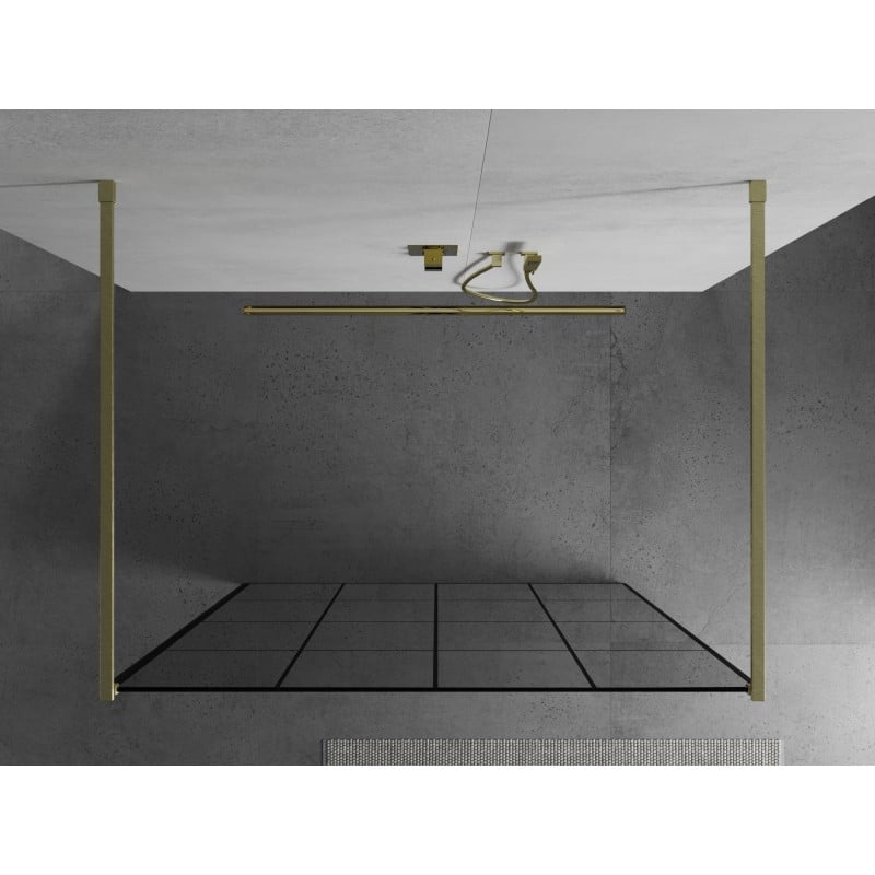 Mexen Kioto freistehende Duschwand 140 x 200 cm, schwarzes Gitter 8 mm, gebürstetes Gold - 800-140-002-55-77