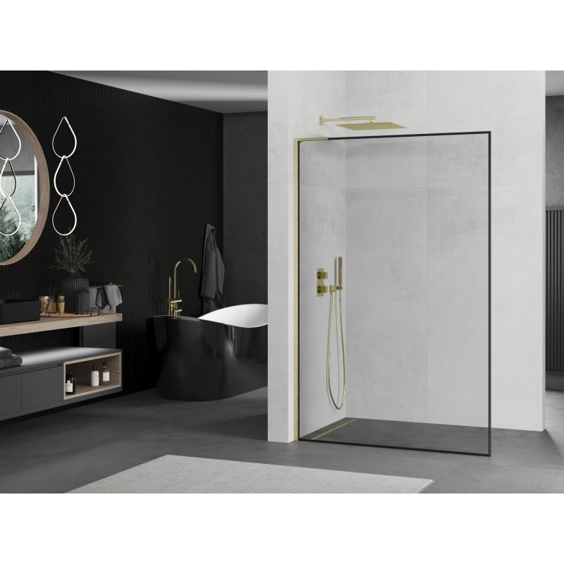 Mexen Kioto L Duschwand Walk-in 60 x 200 cm, schwarzer Rahmen, gebürstetes Gold - 800-060-103-55-70