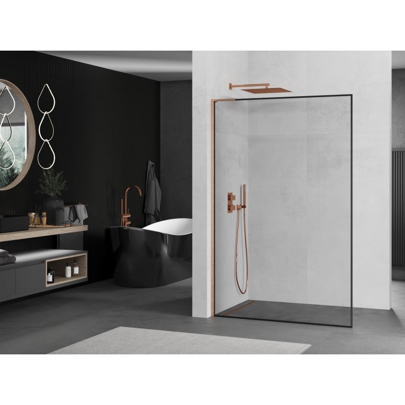 Mexen Kioto L Duschwand Walk-in 70 x 200 cm, schwarzer Rahmen, gebürstetes Kupfer - 800-070-103-65-70