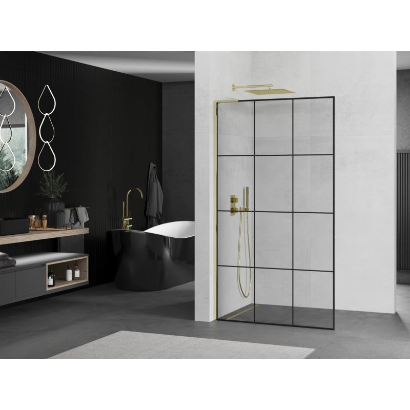 Mexen Kioto L Duschwand Walk-in 100 x 200 cm, schwarzes Raster, gold - 800-100-103-50-77