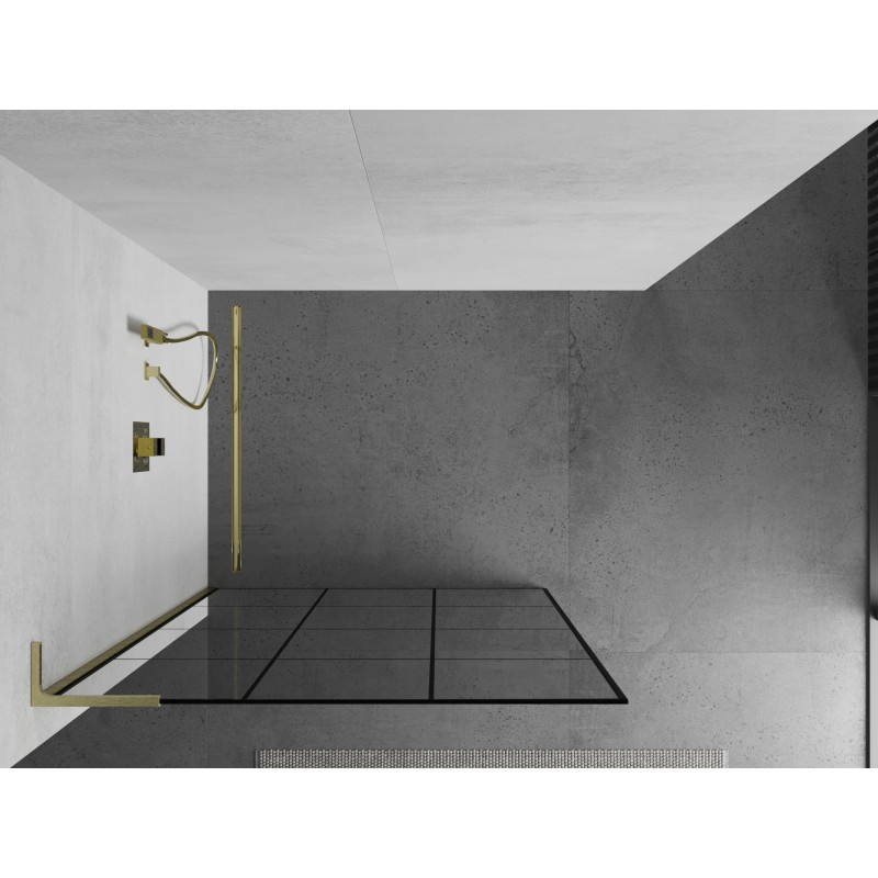 Mexen Kioto L Duschwand Walk-in 100 x 200 cm, schwarzes Gitter, gold gebürstet - 800-100-103-55-77