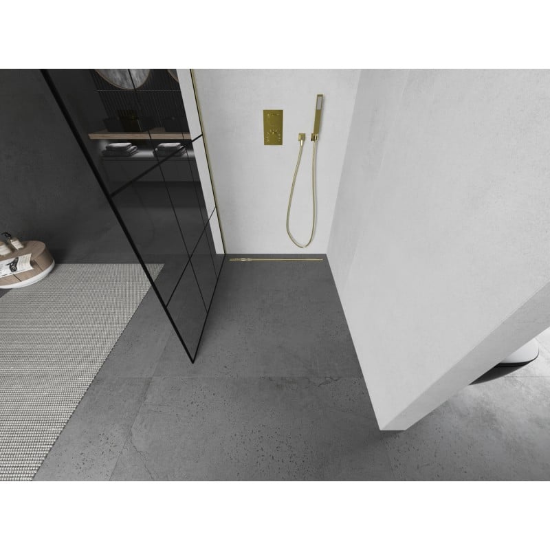 Mexen Kioto L Duschwand Walk-in 110 x 200 cm, schwarzes Gitter, gebürstetes Gold - 800-110-103-55-77
