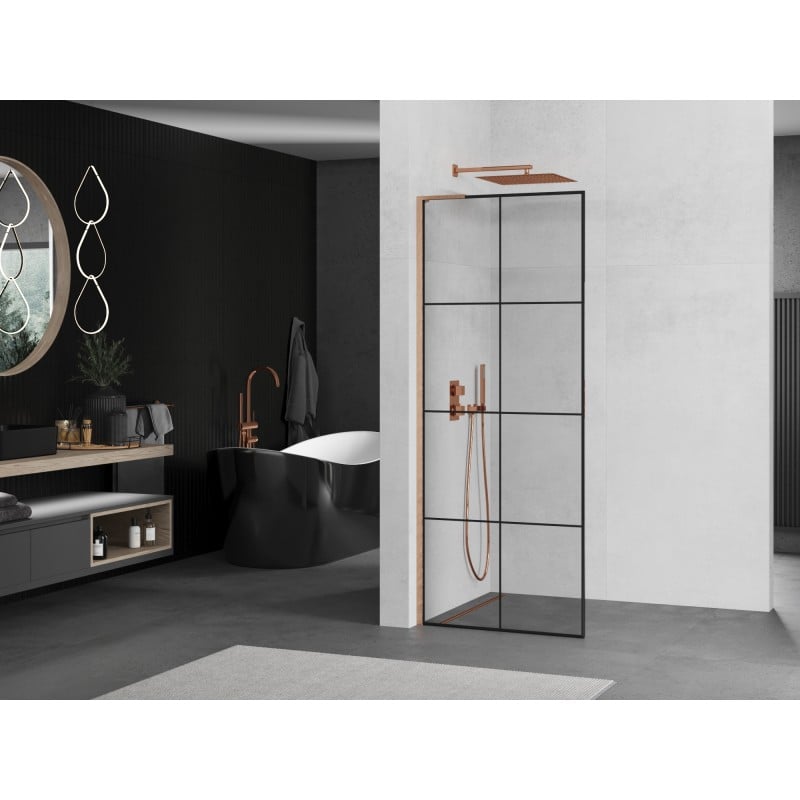 Mexen Kioto L Duschwand Walk-in 70 x 200 cm, schwarzes Gitter, gebürstetes Kupfer - 800-070-103-65-77