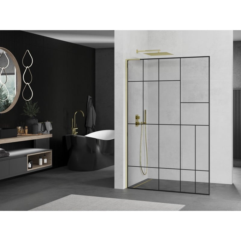 Mexen Kioto L Duschwand Walk-in 110 x 200 cm, schwarzes Muster, Gold - 800-110-103-50-78