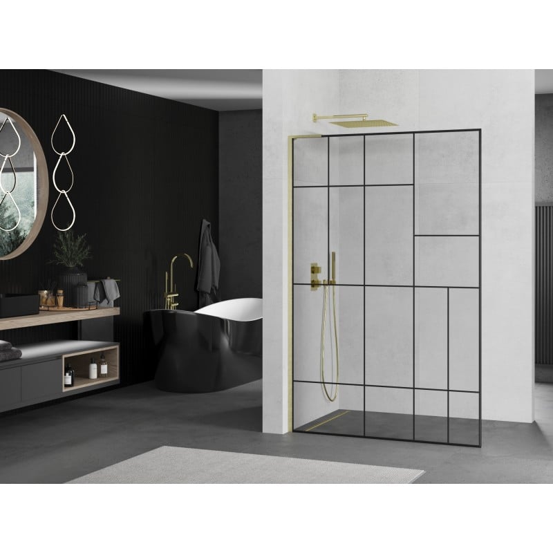 Mexen Kioto L Duschwand Walk-in 110 x 200 cm, schwarzes Muster, gebürstet Gold - 800-110-103-55-78