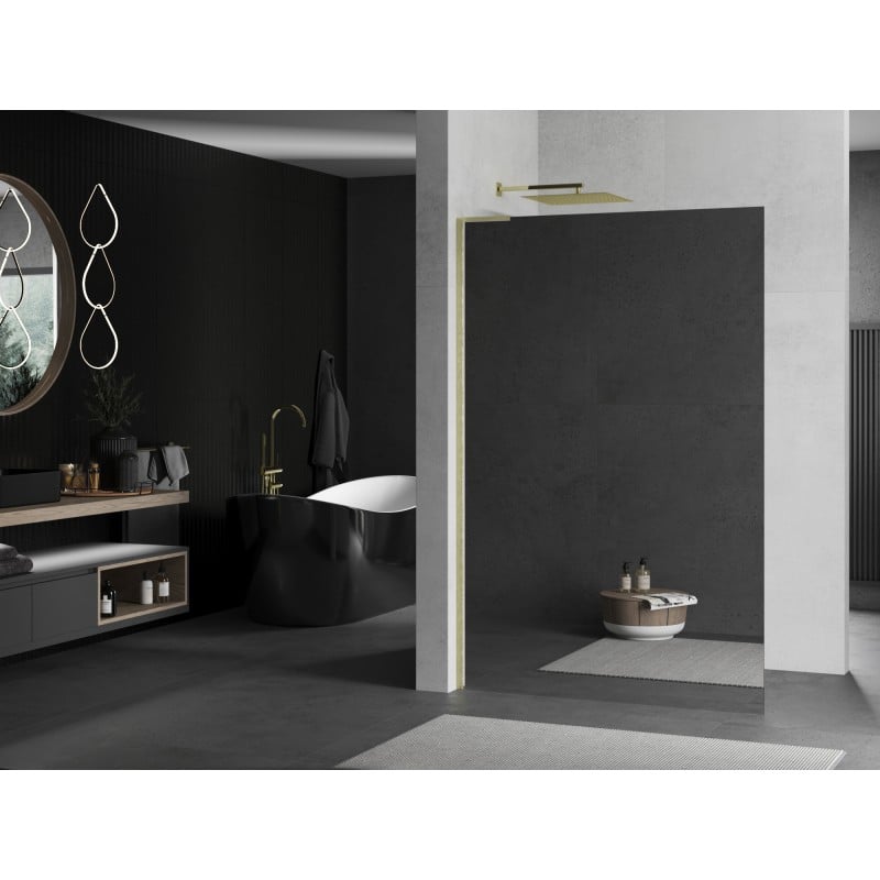 Mexen Kioto L Duschwand Walk-in 90 x 200 cm, Spiegel, gebürstetes Gold - 800-090-103-55-50