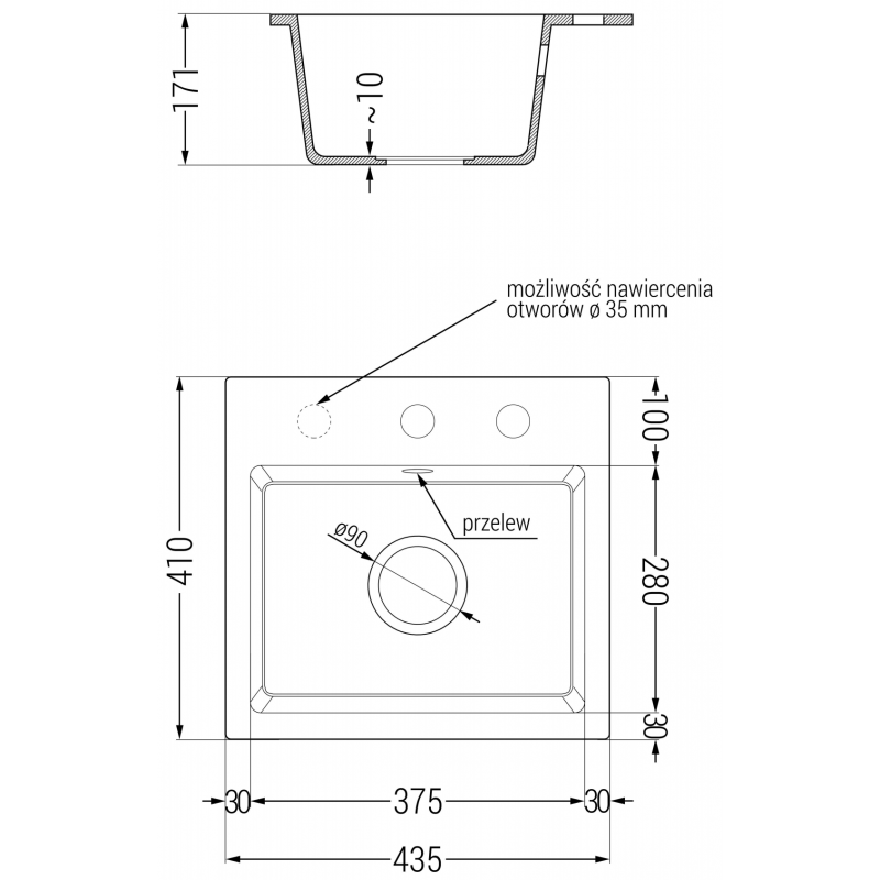 Mexen Milo Granitspüle 1-Becken mit Küchenarmatur Telma, schwarz/gold - 6505-75-670200-50
