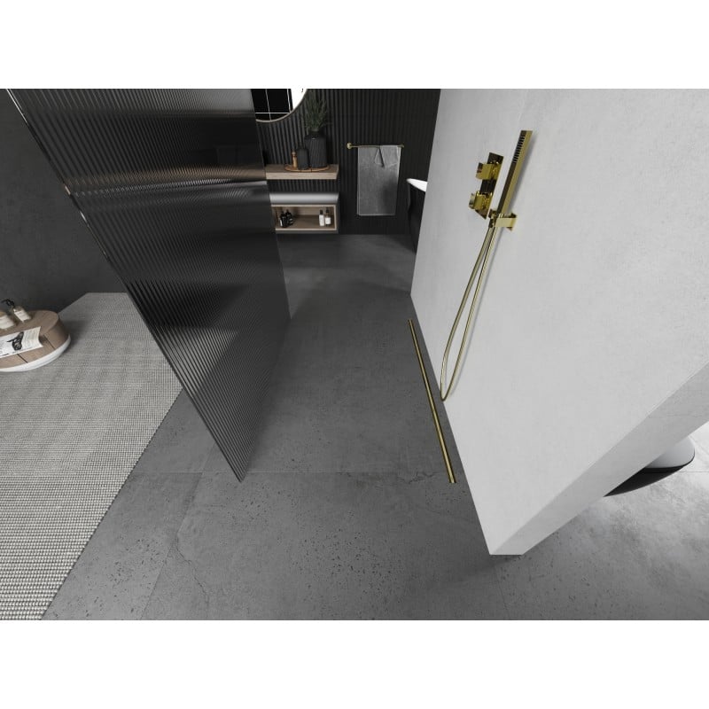Mexen Kioto freistehende Duschwand 110 x 200 cm, Streifen 8 mm, gebürstetes Gold - 800-110-002-55-09