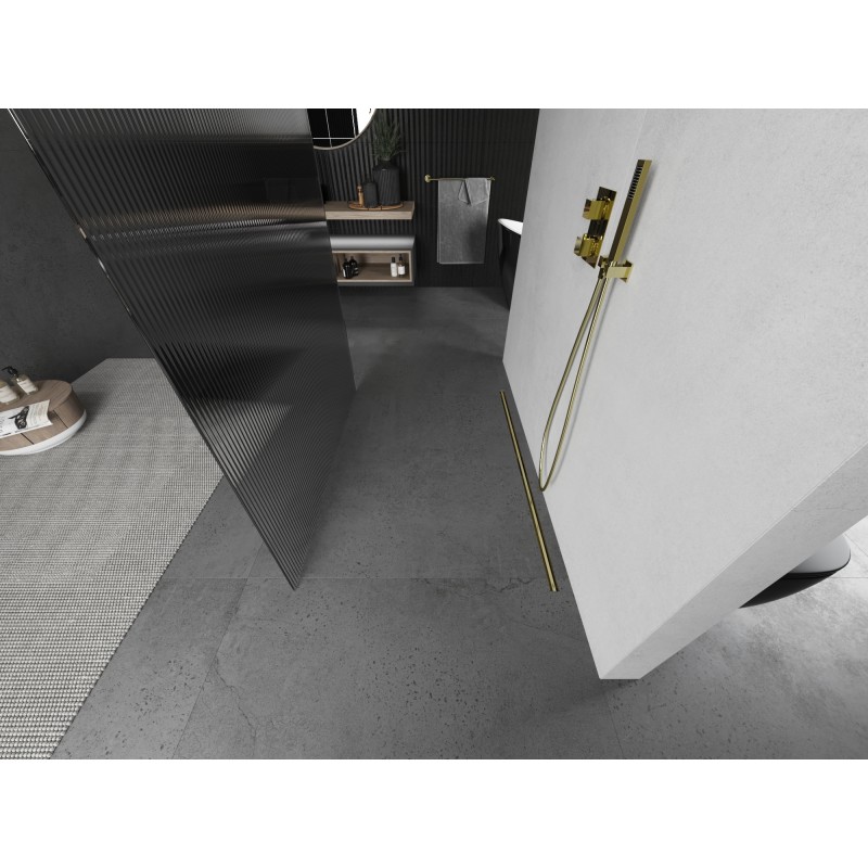 Mexen Kioto freistehende Duschwand 120 x 200 cm, gestreift 8 mm, gold gebürstet - 800-120-002-55-09