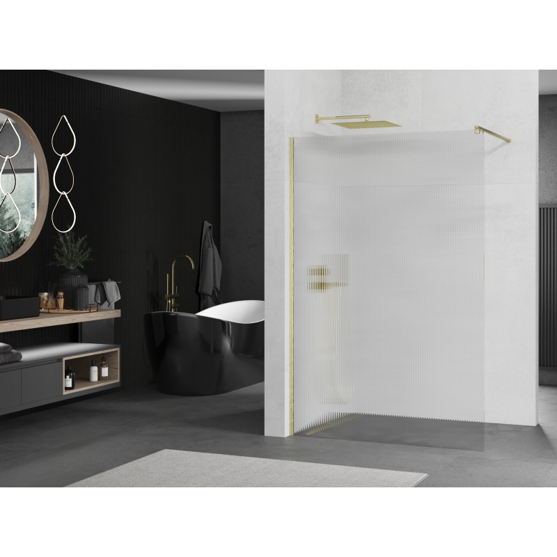 Mexen Kioto Duschwand Walk-in 90 x 200 cm, Streifen 8 mm, gebürstetes Gold - 800-090-101-55-09