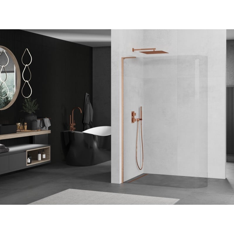 Mexen Kioto-R L abgerundete Walk-in-Duschwand 90 x 200 cm, transparent, gebürstetes Kupfer - 800-090-103-65-06