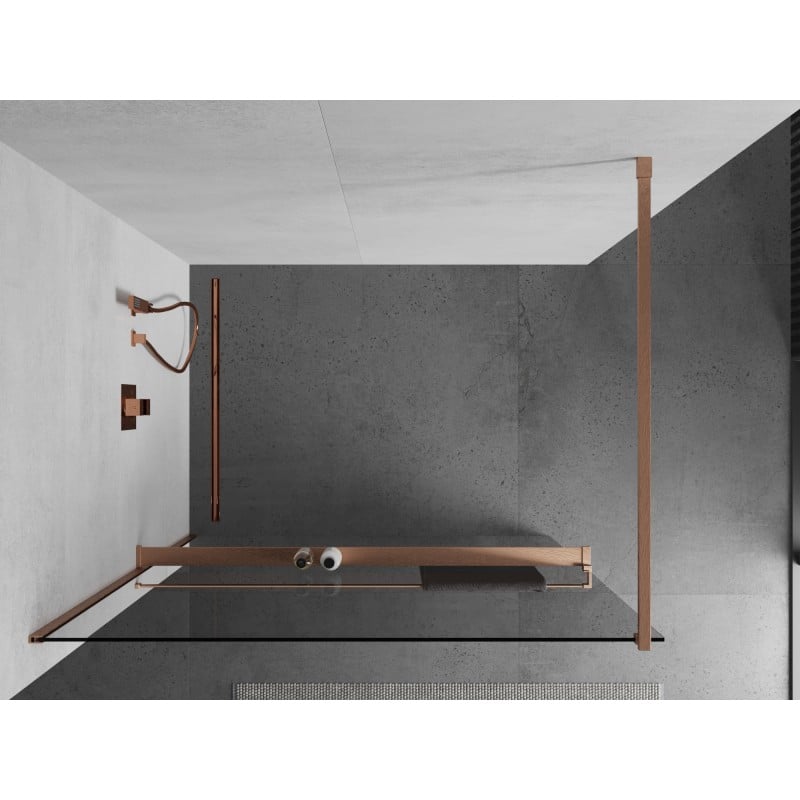 Mexen Kioto+ Duschwand mit Ablage Walk-in 90 x 200 cm, transparent, gebürstetes Kupfer - 800-090-121-65-00