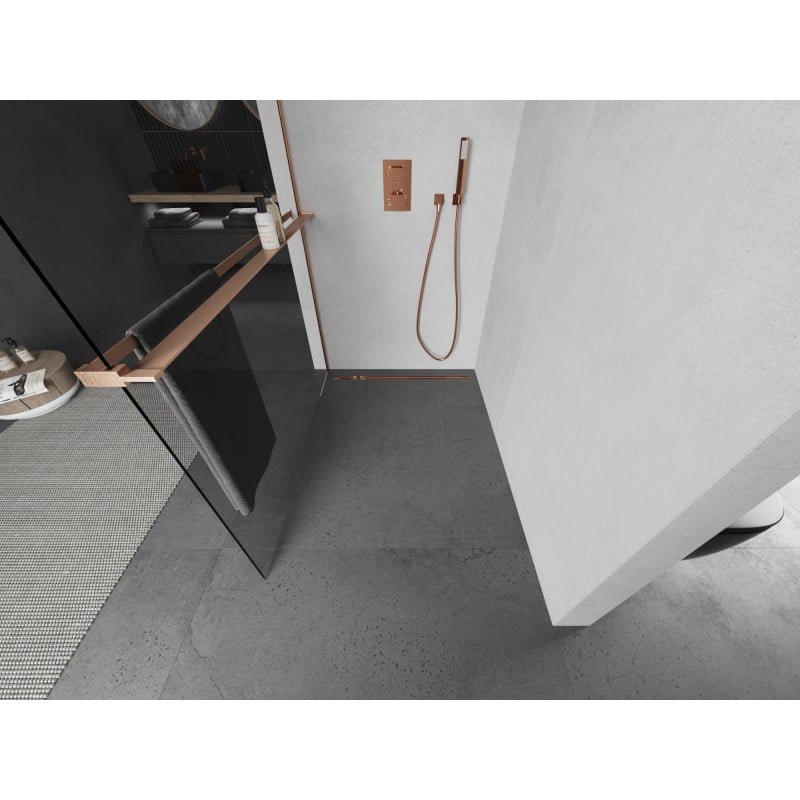 Mexen Kioto+ Duschwand mit Ablage Walk-in 100 x 200 cm, transparent, gebürstetes Kupfer - 800-100-121-65-00