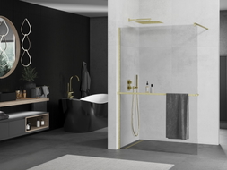 Mexen Kioto+ Duschwand mit Ablage Walk-in 70 x 200 cm, transparent, gebürstetes Gold - 800-070-121-55-00
