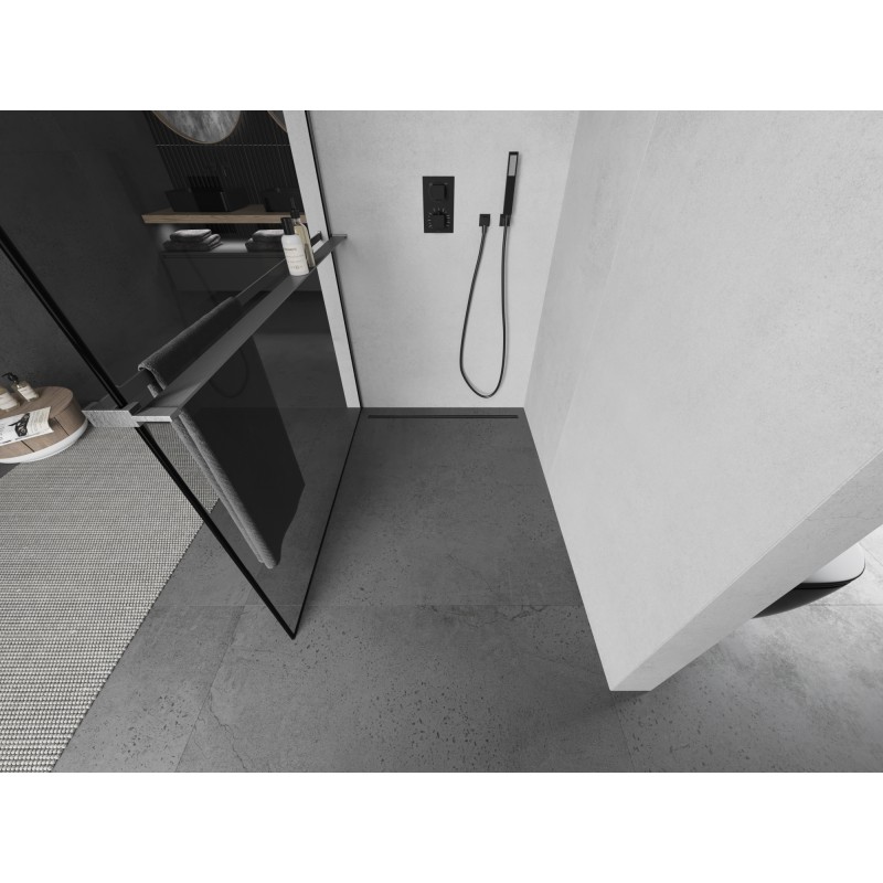 Mexen Kioto+ Duschwand mit Ablage Walk-in 80 x 200 cm, schwarzer Rahmen, gebürstetes Gun Gray - 800-080-121-66-70