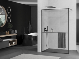 Mexen Kioto+ Duschwand mit Ablage Walk-in 110 x 200 cm, schwarzer Rahmen, gebürstetes Gun Gray - 800-110-121-66-70