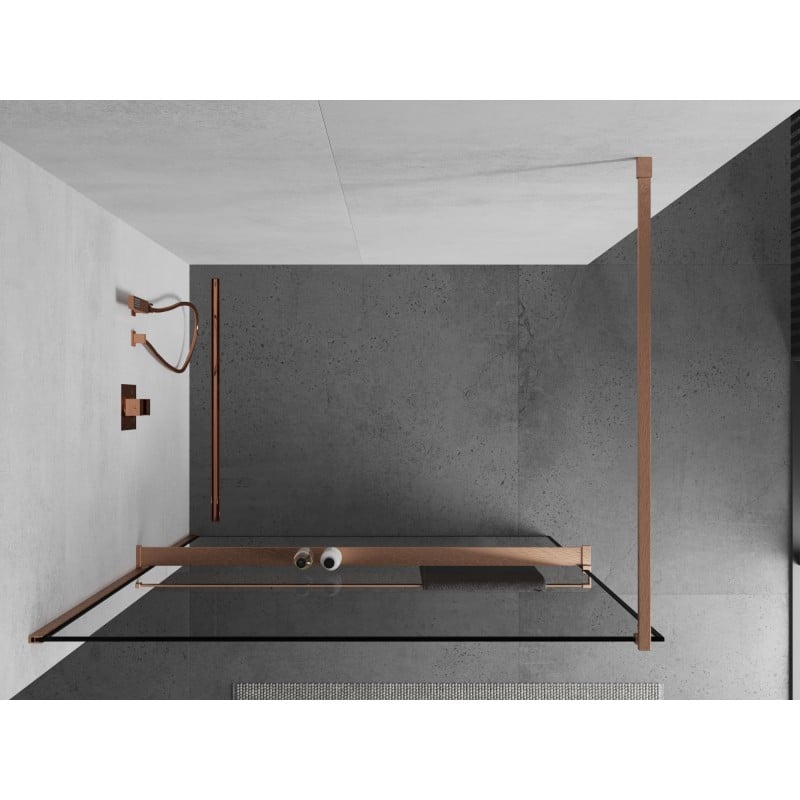 Mexen Kioto+ Duschwand mit Ablage Walk-in 80 x 200 cm, schwarzer Rahmen, gebürstetes Kupfer - 800-080-121-65-70