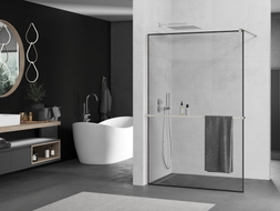 Mexen Kioto+ Duschwand mit Regal Walk-in 100 x 200 cm, schwarzer Rahmen, gebürstetes Nickel - 800-100-121-97-70