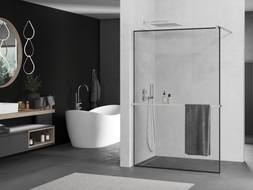 Mexen Kioto+ Duschwand mit Ablage Walk-in 120 x 200 cm, schwarzer Rahmen, gebürstetes Nickel - 800-120-121-97-70