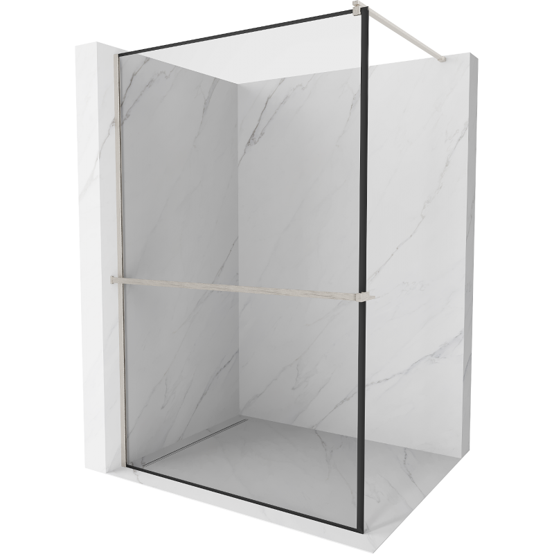 Mexen Kioto+ Duschwand mit Ablage Walk-in 130 x 200 cm, schwarzer Rahmen, gebürsteter Nickel - 800-130-121-97-70