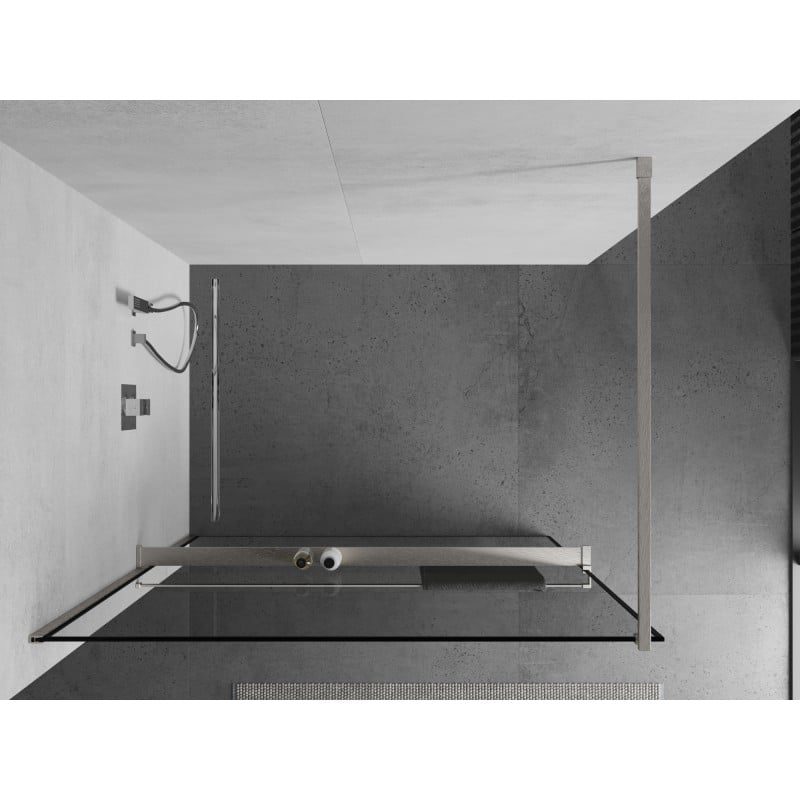 Mexen Kioto+ Duschwand mit Ablage Walk-in 140 x 200 cm, schwarzer Rahmen, gebürsteter Nickel - 800-140-121-97-70