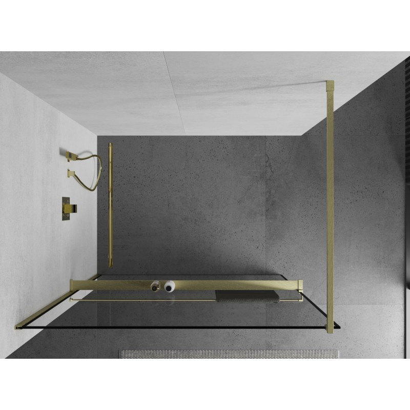 Mexen Kioto+ Duschwand mit Ablage Walk-in 110 x 200 cm, schwarzer Rahmen, gebürstetes Gold - 800-110-121-55-70