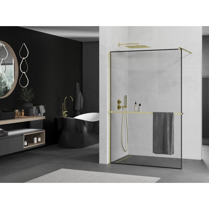 Mexen Kioto+ Duschtür mit Ablage Walk-in 140 x 200 cm, schwarzer Rahmen, gebürstetes Gold - 800-140-121-55-70