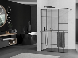 Mexen Kioto+ Duschwand mit Ablage Walk-in 110 x 200 cm, schwarzes Muster, gebürstetes Gun Gray - 800-110-121-66-78