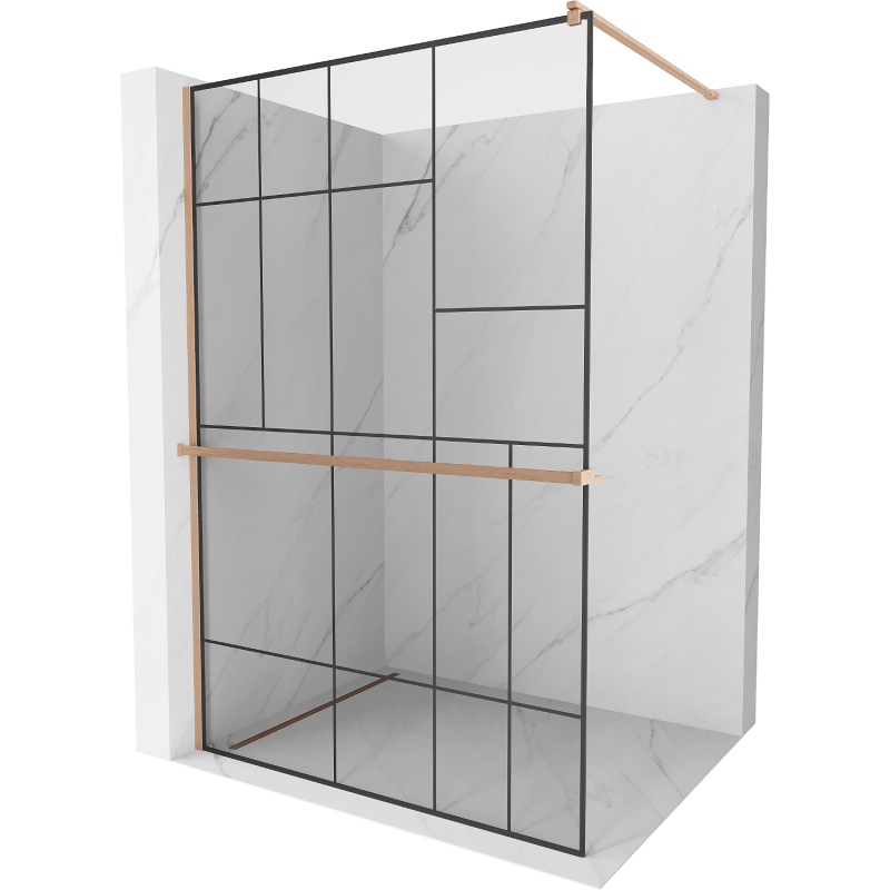 Mexen Kioto+ Duschwand mit Ablage Walk-in 90 x 200 cm, schwarzes Muster, gebürstetes Kupfer - 800-090-121-65-78