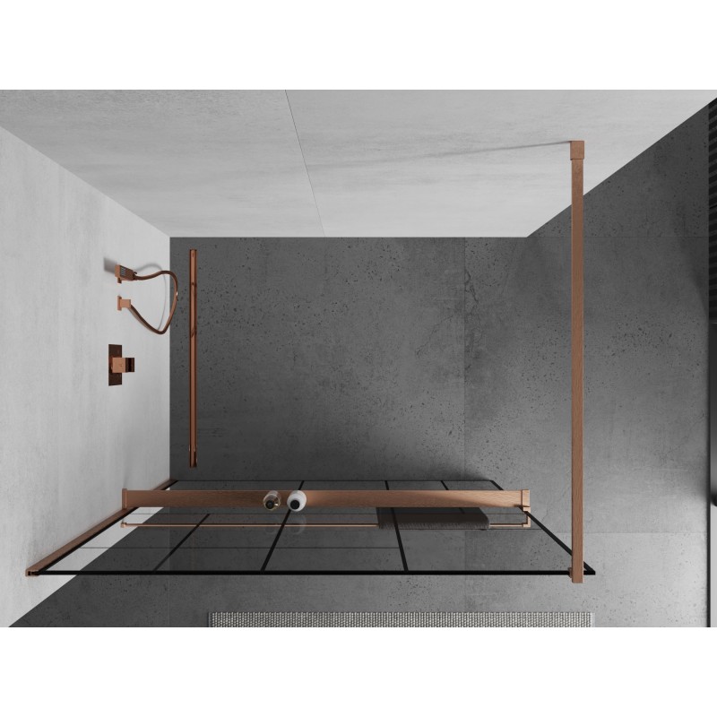 Mexen Kioto+ Duschwand mit Regal Walk-in 110 x 200 cm, schwarzes Muster, gebürstetes Kupfer - 800-110-121-65-78