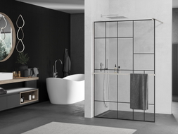 Mexen Kioto+ Duschwand mit Ablage Walk-in 90 x 200 cm, schwarzes Muster, gebürstetes Nickel - 800-090-121-97-78