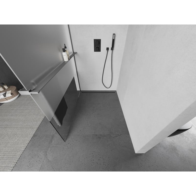 Mexen Kioto+ Duschwand mit Regal Walk-in 90 x 200 cm, transparent/frostig, Gun Metal - 800-090-121-95-35