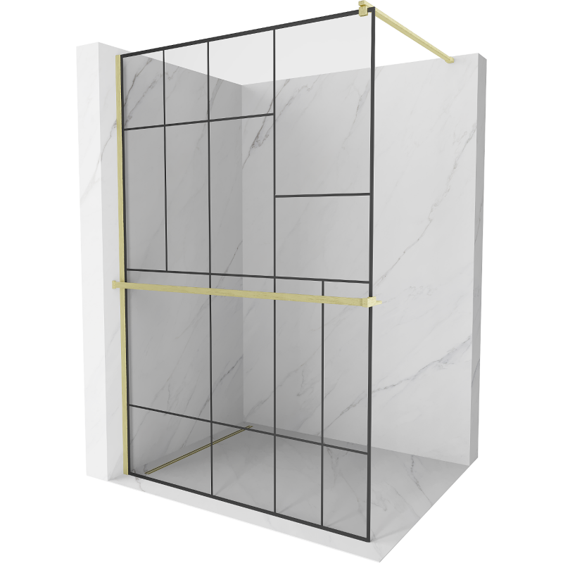 Mexen Kioto+ Duschwand mit Ablage Walk-in 110 x 200 cm, schwarzes Muster, gebürstetes Gold - 800-110-121-55-78
