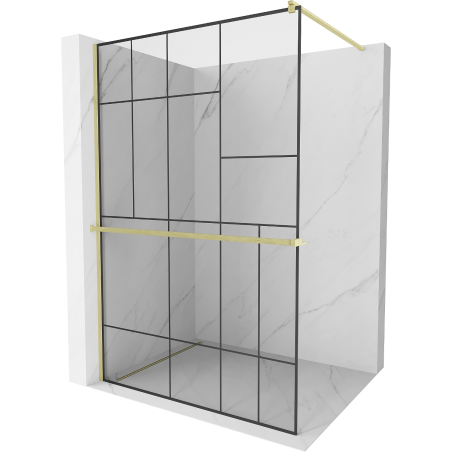 Mexen Kioto+ Duschwand mit Ablage Walk-in 110 x 200 cm, schwarzes Muster, gebürstetes Gold - 800-110-121-55-78