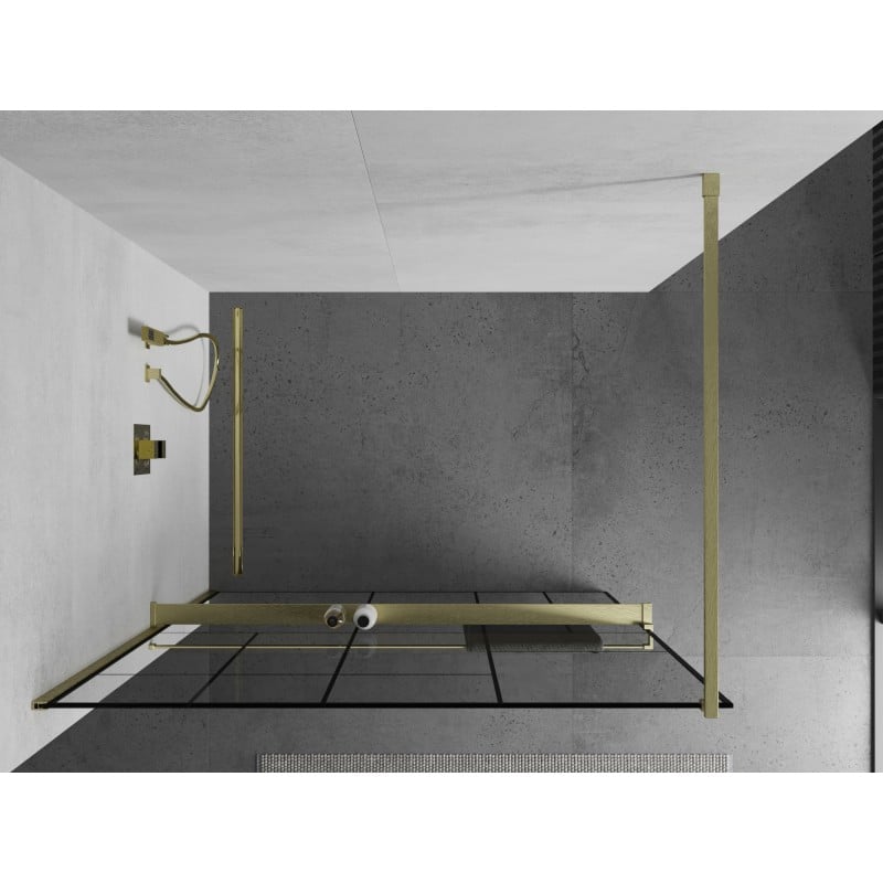 Mexen Kioto+ Duschwand mit Regal Walk-in 130 x 200 cm, schwarzes Muster, gebürstetes Gold - 800-130-121-55-78