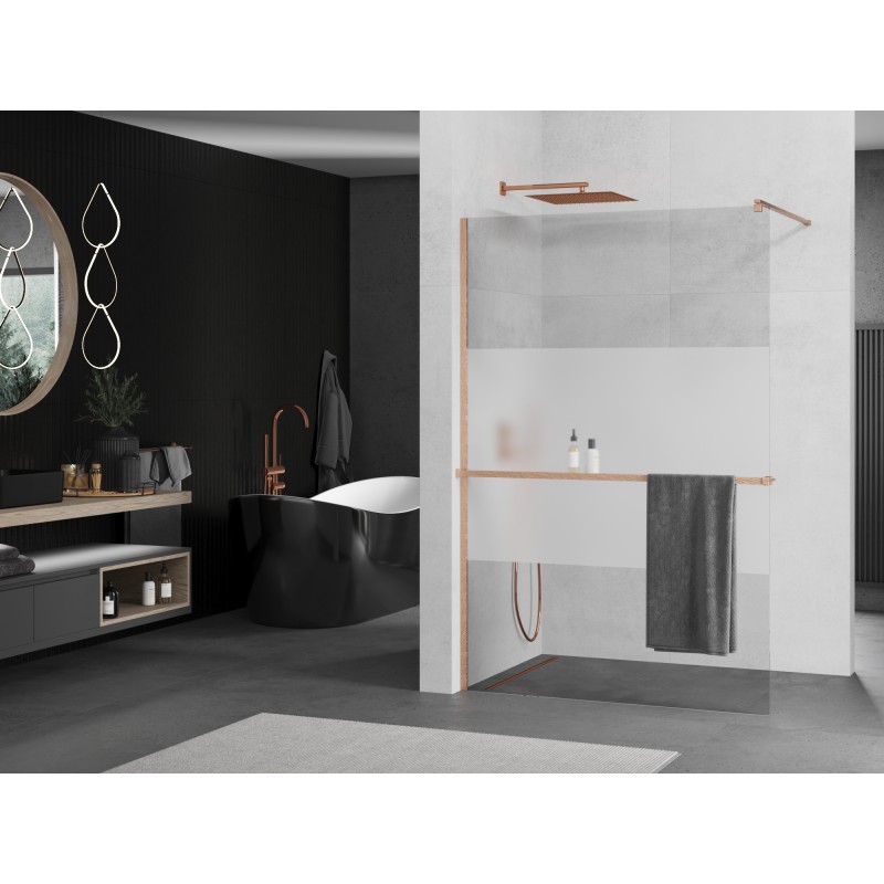 Mexen Kioto+ Duschwand mit Regal Walk-in 120 x 200 cm, transparent/frost, gebürstetes Kupfer - 800-120-121-65-35